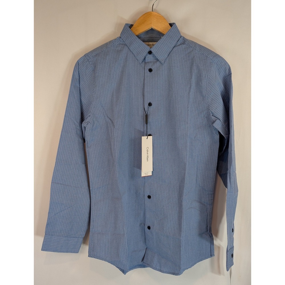 Calvin Klein Boys Slim Fit Long Sleeve Dress Shirt Blue Pattern Size 18